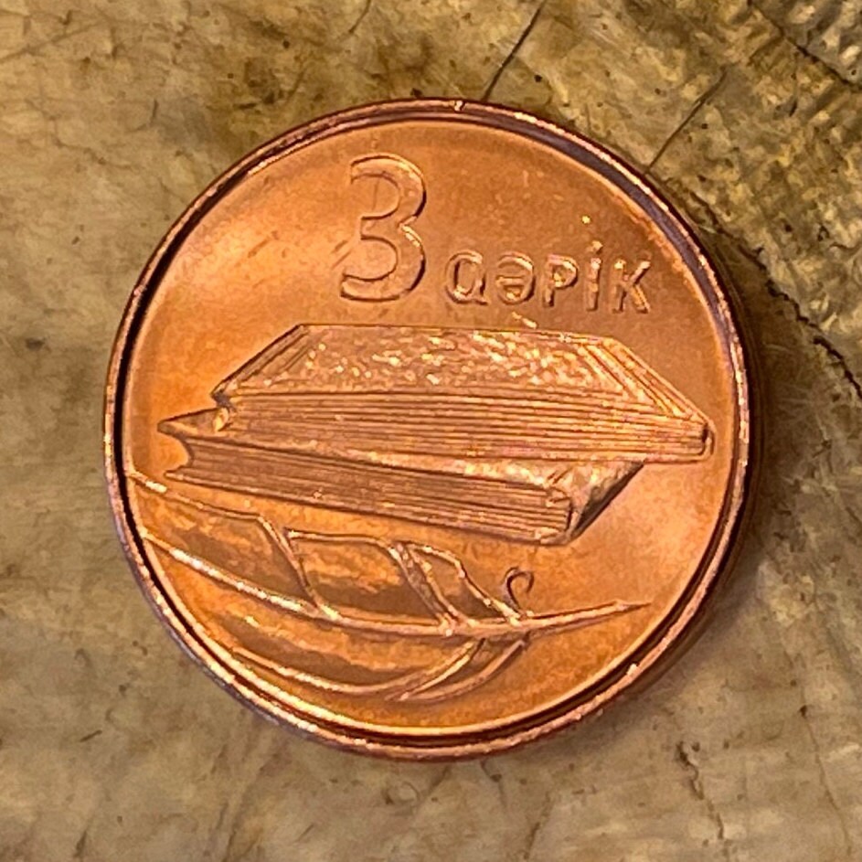 Books and Quill Pen 3 Qapik Azerbaijan Authentic Coin Money for Jewelry and Craft Making (Map of Azerbaijan)