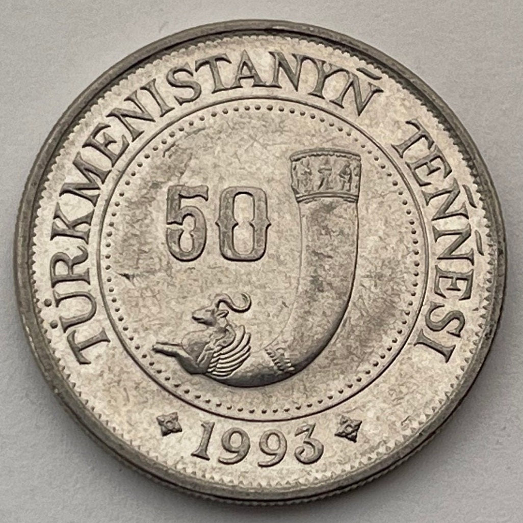 Goat Horn of Plenty & Turkmenbashy 50 Tennesi Turkmenistan Authentic Coin Money for Jewelry (Cornucopia) Saparmurat Niyazov (1993) Capricorn