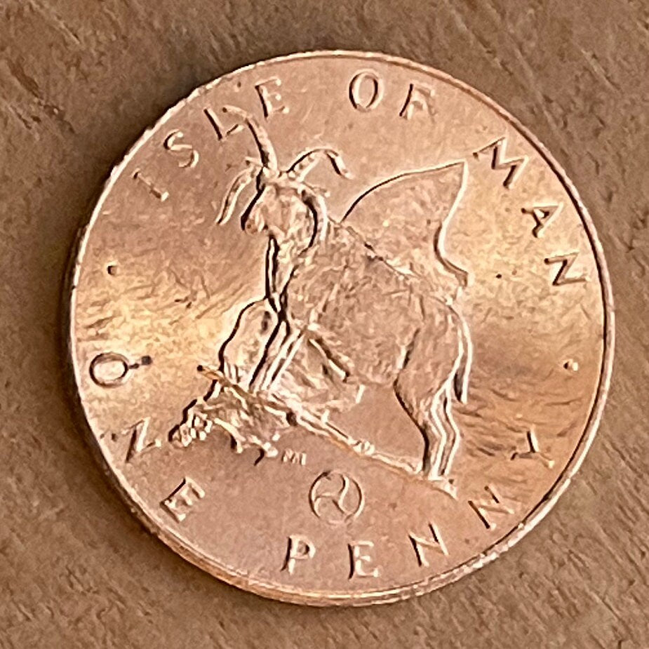Manx 4-Horn Loaghtan Sheep 1 Penny Isle of Man Authentic Coin Money for Jewelry and Craft Making (Map of Isle of Man) (Triskele)