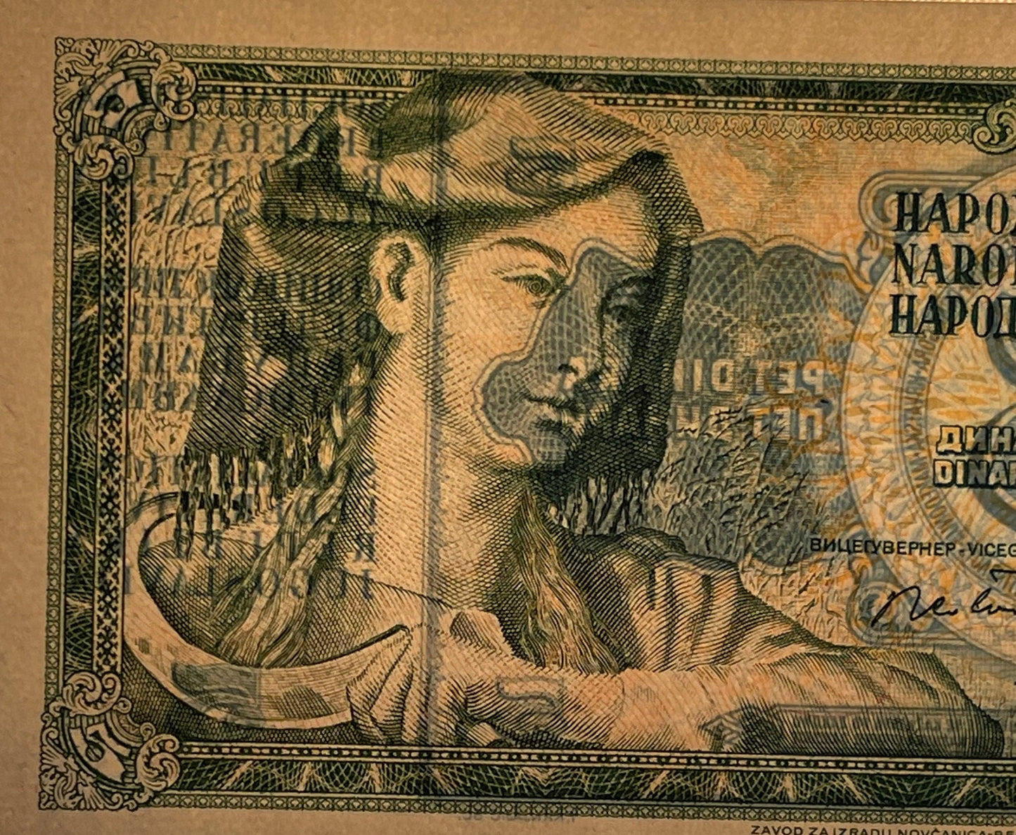 Scythe Woman 5 Dinara Yugoslavia Authentic Banknote Money for Jewelry and Craft Making (Farmer with Sickle) (1968)