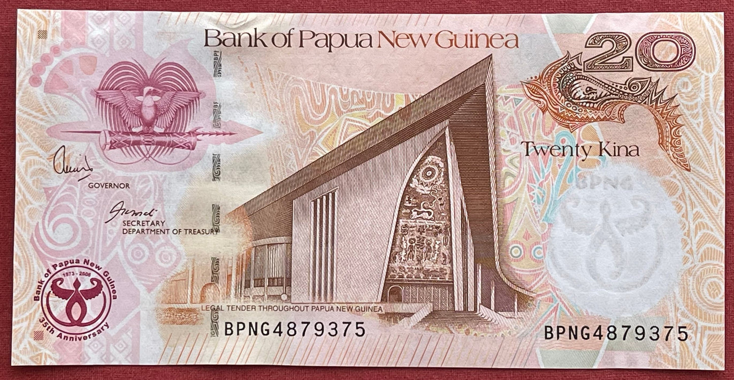 Wild Boar Head & National Parliament House 20 Kina Papua New Guinea Authentic Banknote Money for Jewelry and Collage (Capitalist Pig)