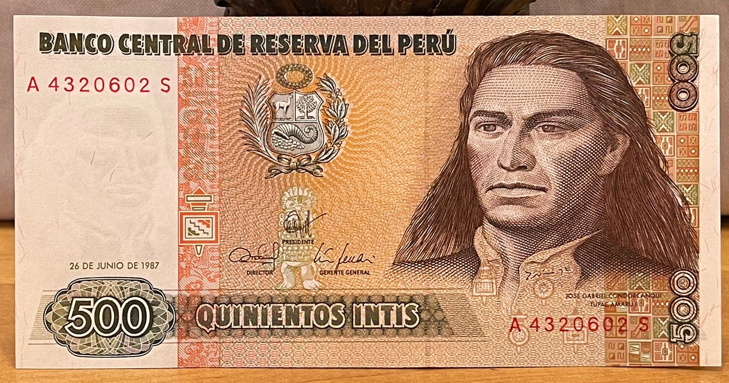 Revolutionary Tupac Amaru II & Huascarán Twin Peaks 500 Intis Peru Authentic Banknote Money for Jewelry and Collage (Mountaineer) (Mataraju)