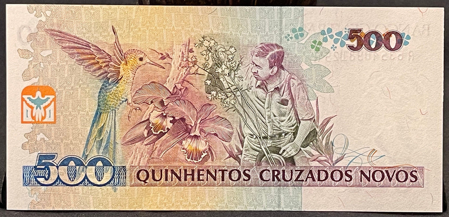 Swallow-Tailed Hummingbird, Environmentalist Augusto Ruschi & Cattleya Orchids 500 Cruzieros Brazil Authentic Banknote Money for Collage