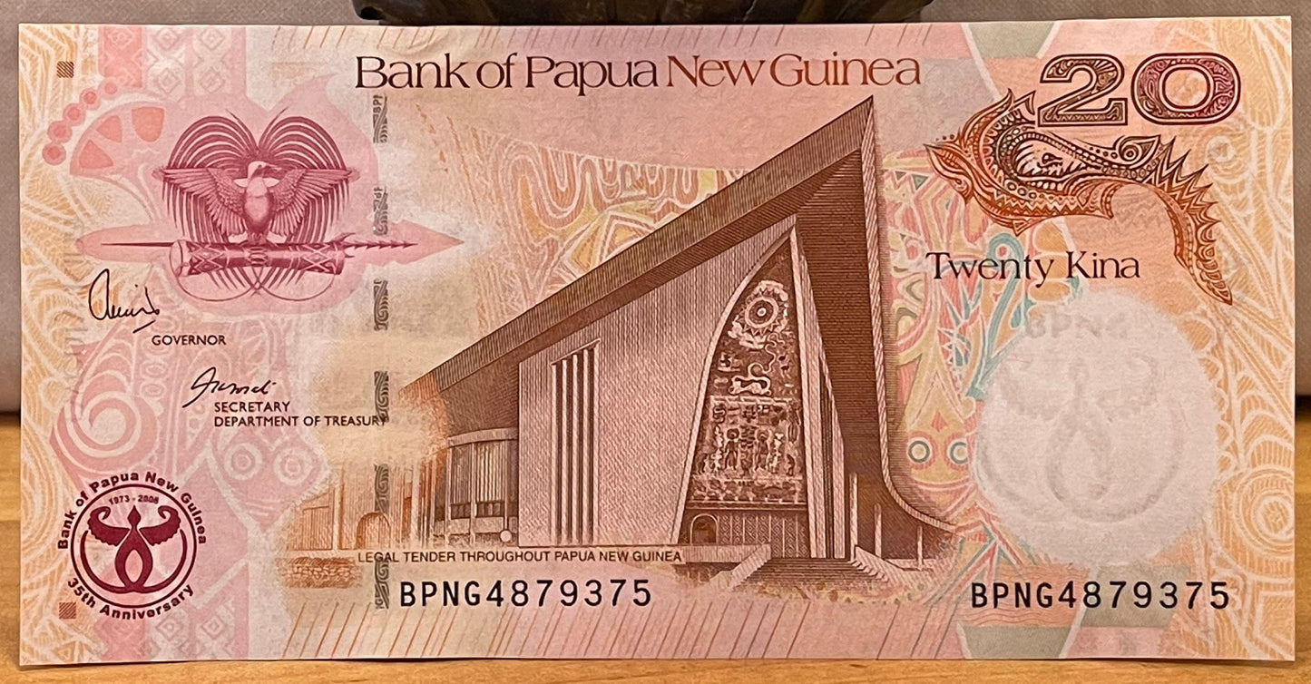 Wild Boar Head & National Parliament House 20 Kina Papua New Guinea Authentic Banknote Money for Jewelry and Collage (Capitalist Pig)