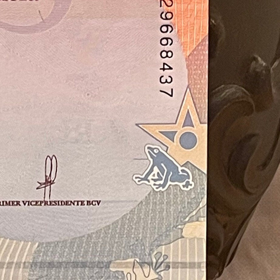 Veragua Stubfoot Toad & Revolutionary Martyr Jose Felix Ribas 5 Bolívares Venezuela Authentic Banknote Money for Collage (Harlequin Frog)