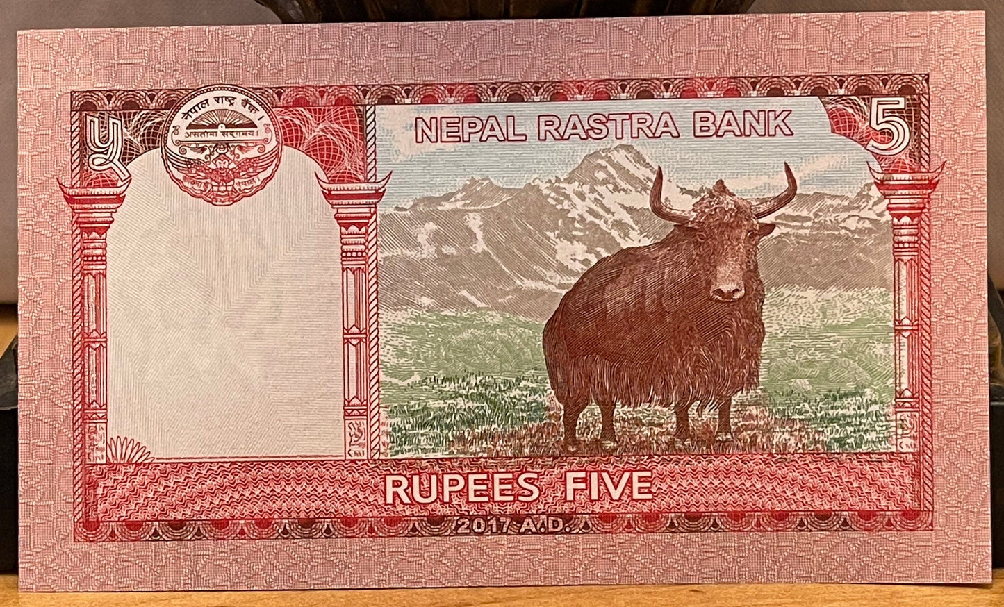 Wild Yak, Mount Everest, Kasthampandap Temple & Rhododendron 5 Rupees Nepal Authentic Banknote Money for Jewelry and Collage (Sagarmāthā)