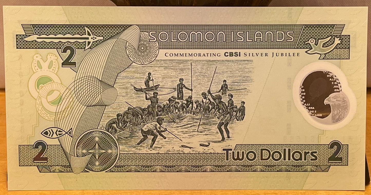 Maraufo Coming of Age Fishing Initiation 2 Dollars Solomon Islands Authentic Banknote Money for Jewelry and Collage (Tuna) (Bokolo) (Falcon)