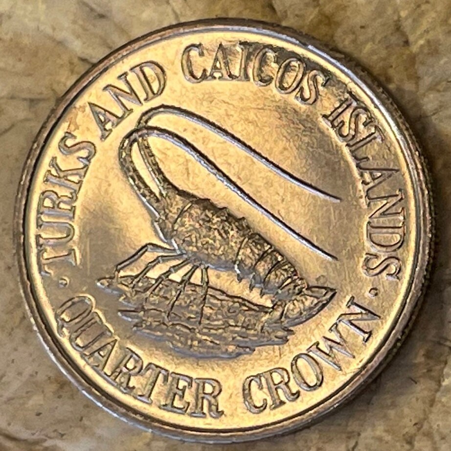 Spiny Lobster Quarter Crown Turks and Caicos Authentic Coin Money for Jewelry and Craft Making (1981) (Sea Crayfish) (Langusta)