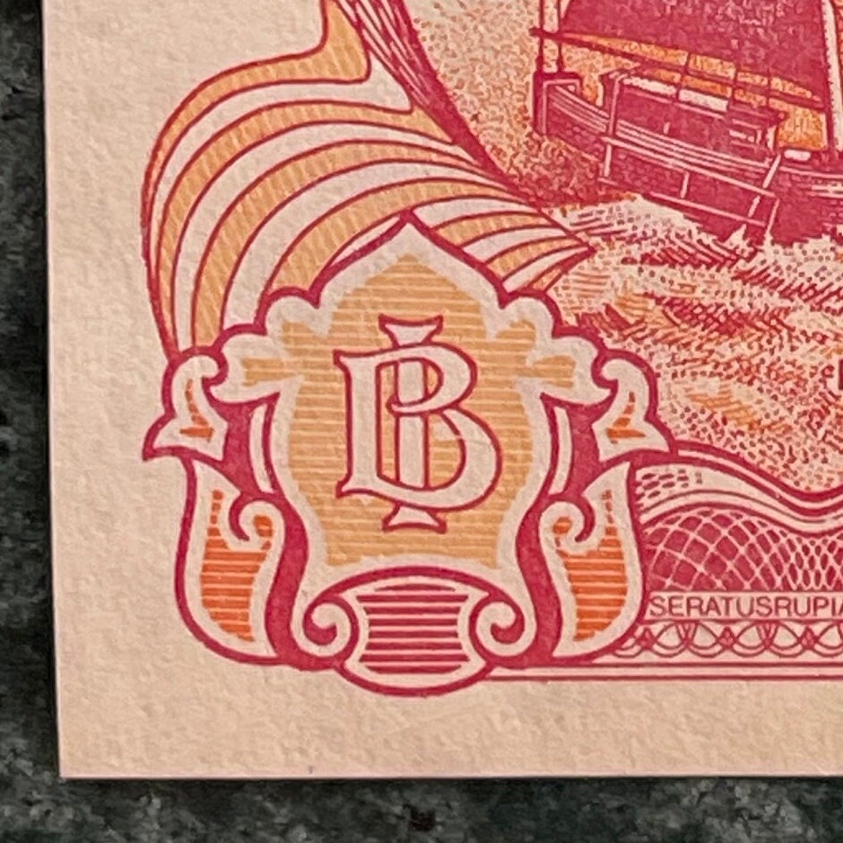 Krakatoa Volcano & Pinisi Sailboat 100 Rupiah Indonesia Authentic Banknote Money for Jewelry and Collage (Garuda) (Volcanic Winter)