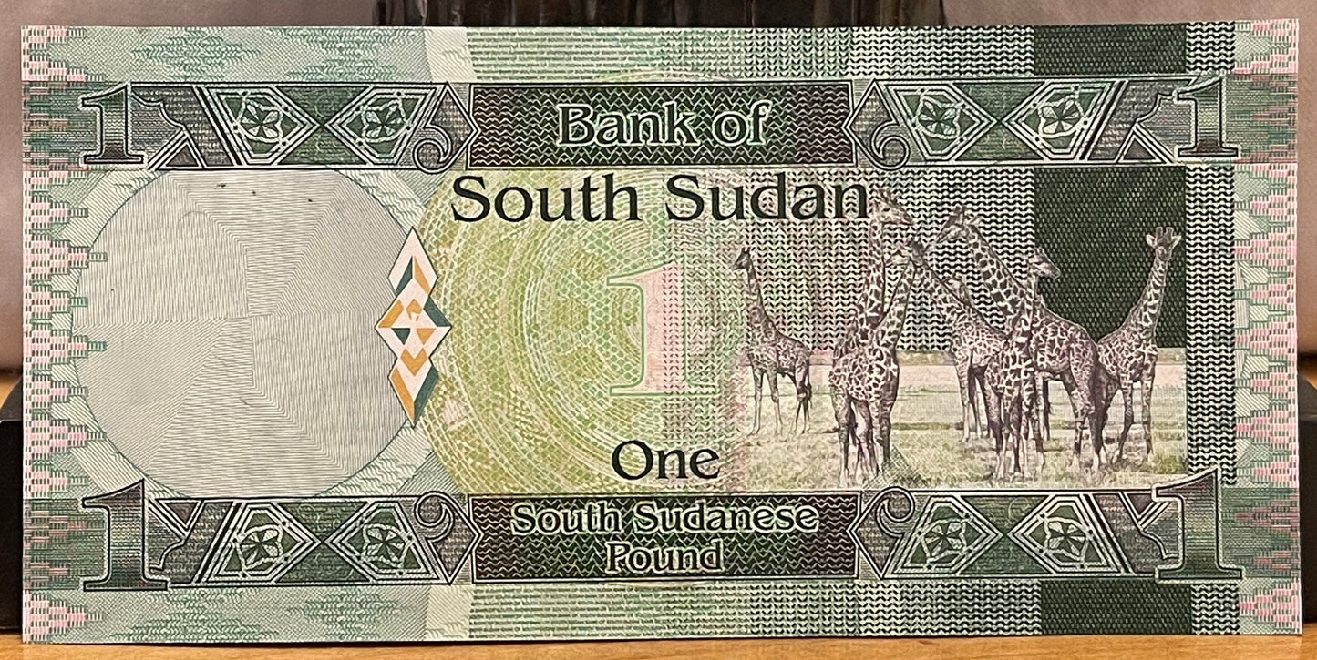 Nubian Giraffes & Revolutionary Leader Dr. John Garang 1 Pound South Sudan Authentic Banknote Money for Jewelry and Collage (Economist)