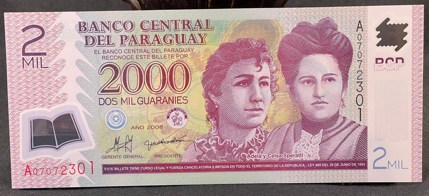 Educators Adela Speratti and Concepción Silva de Airaldi & Parade 2000 Guaranies Paraguay Authentic Banknote Money for Collage (Teachers)