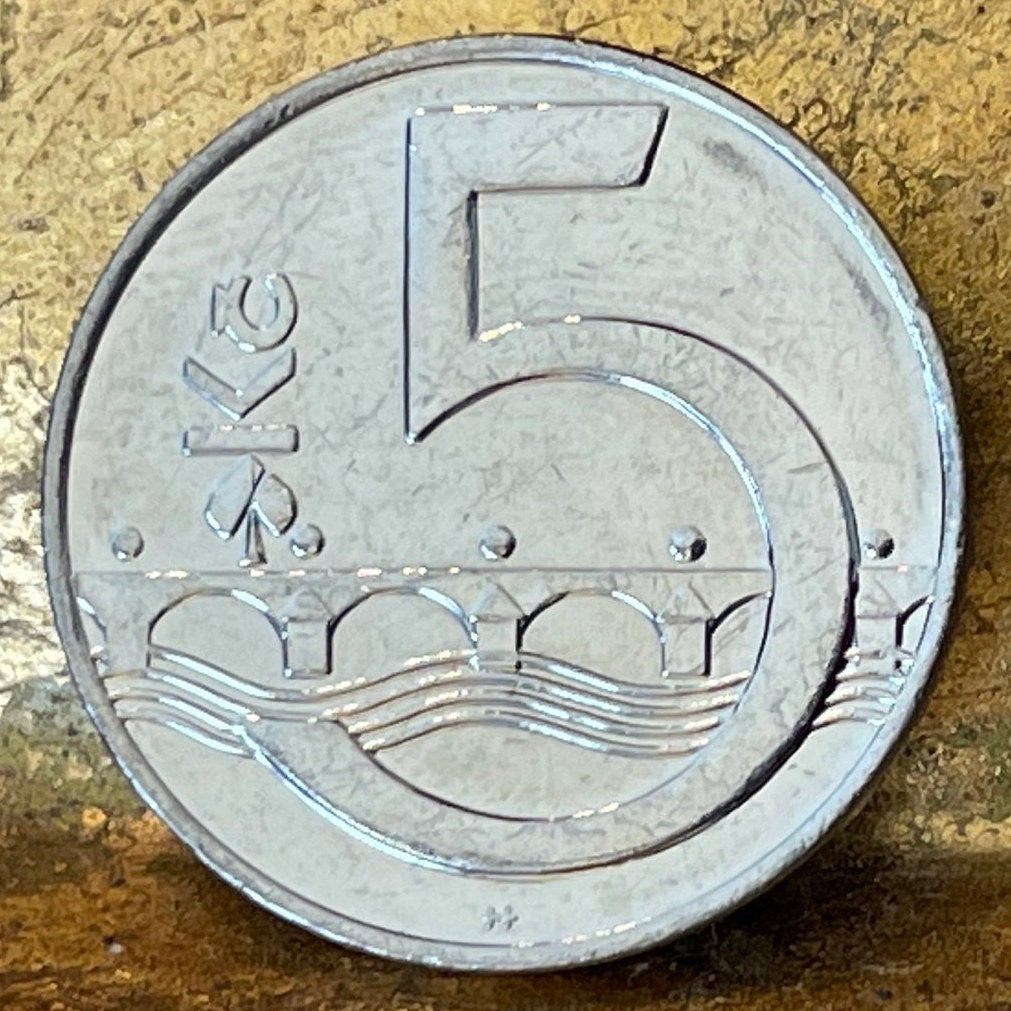 Charles Bridge & Bohemian Lion 5 Korun Czech Republic Authentic Coin Money for Jewelry and Craft Making (Czech Lion) (Double-tailed Lion)