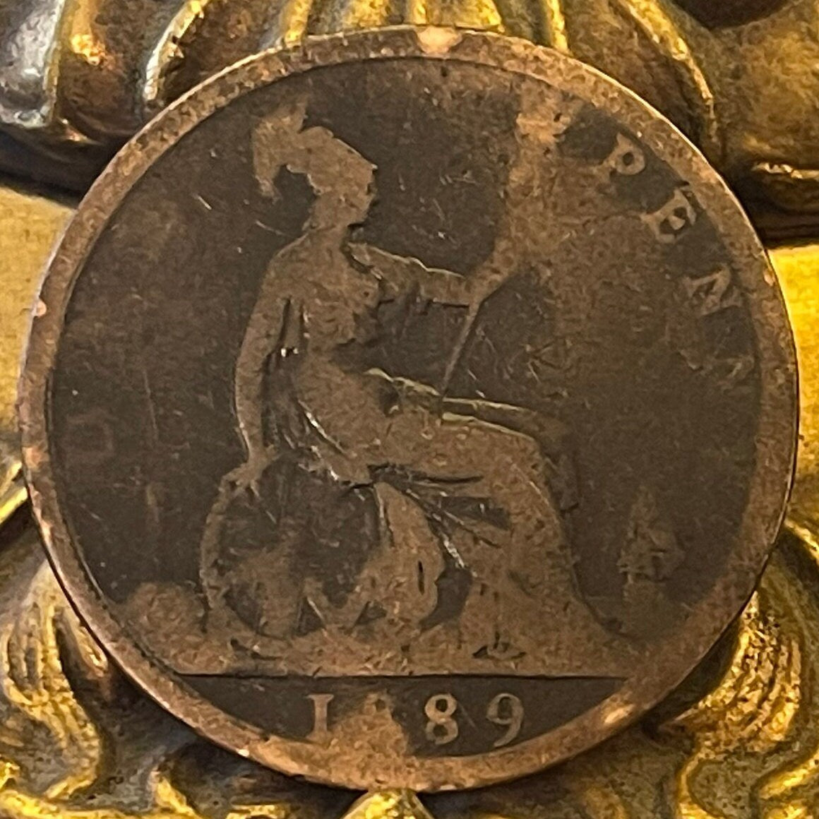 Queen Victoria (2nd Portrait) & Britannia with Trident 1 Penny Great Britain Authentic Coin Money for Jewelry (Bun Head) CONDITION: FAIR