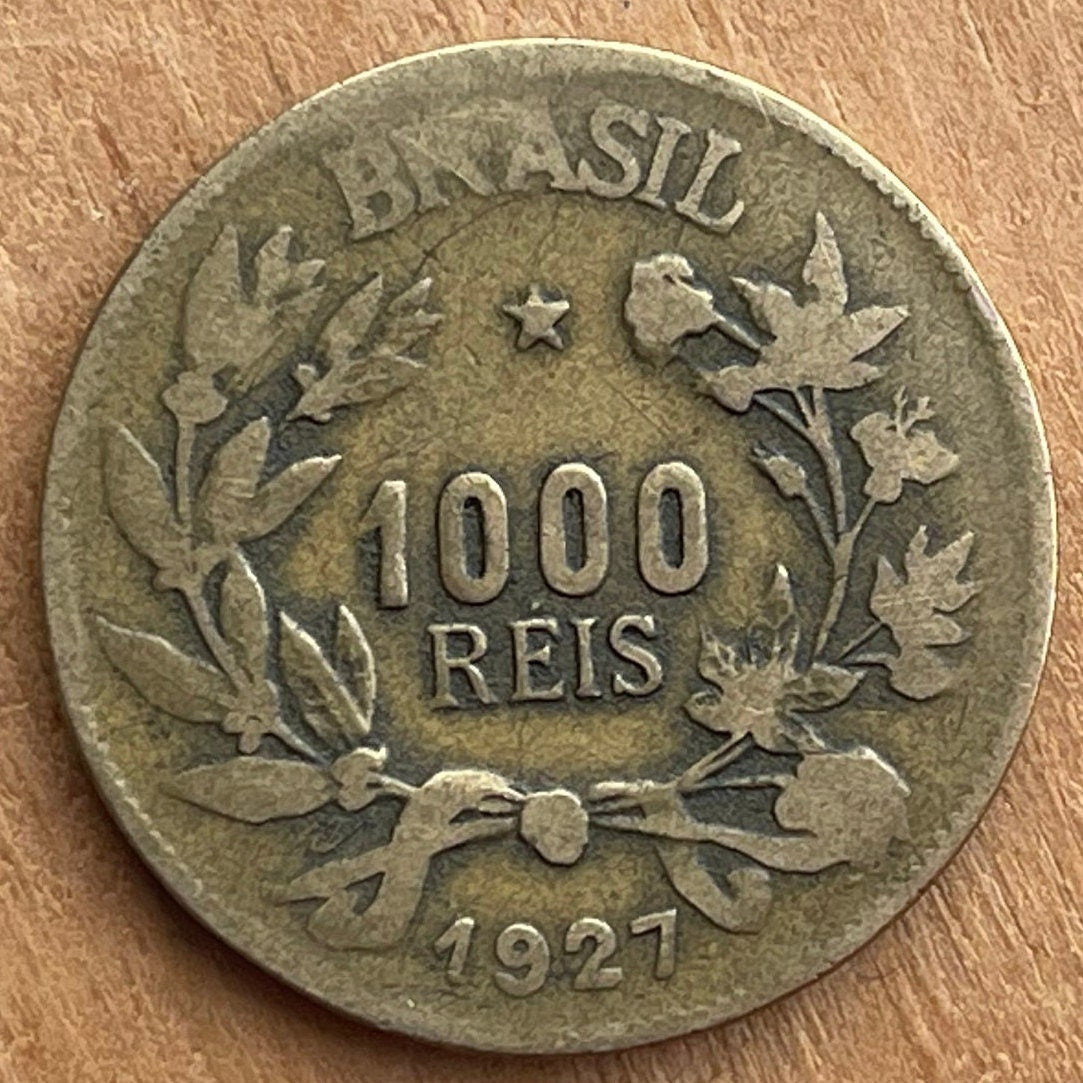 Goddess Abundantia with Cornucopia & Southern Cross Constellation 1000 Réis Brazil Authentic Coin Money for Jewelry and Craft Making (Crux)