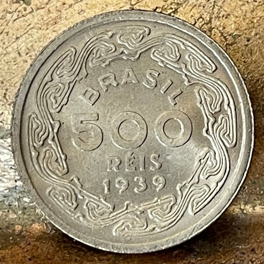 Author Machado de Assis & Marajoara Motif 500 Réis Brazil Authentic Coin Money for Jewelry (Pre-Columbian) (Matrilineal) (Goddess) (1939)