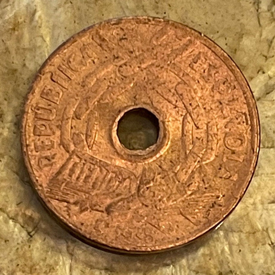 Book Breaks Chains of Ignorance 25 Centimos Second Spanish Republic 1938 Authentic Coin Money for Jewelry (Public Education) (Hole in Coin)