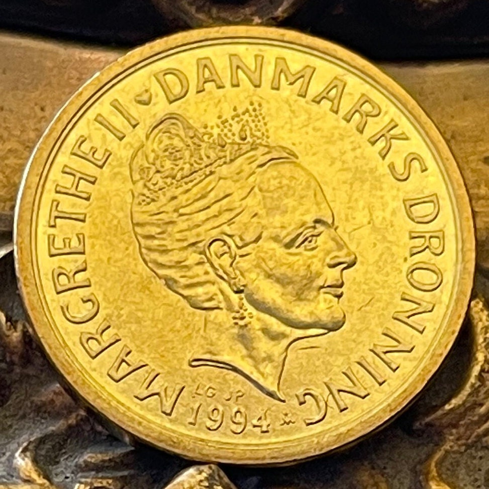 Queen Margrethe II 10 Kroner Denmark Authentic Coin Money for Jewelry and Craft Making (Three Lions)