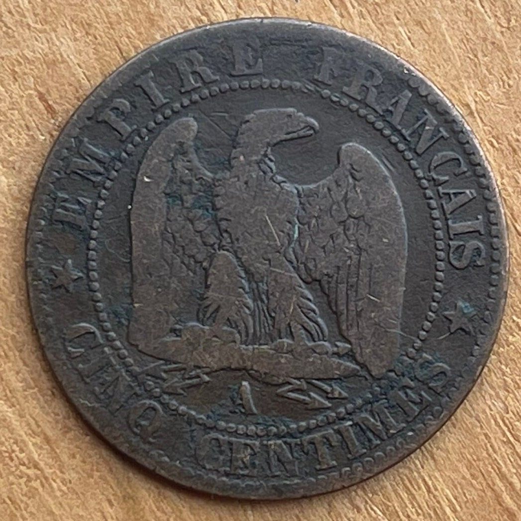 Emperor Napoleon III & French Imperial Eagle 5 Centimes France Authentic Coin Money for Jewelry and Craft Making (Second Empire)