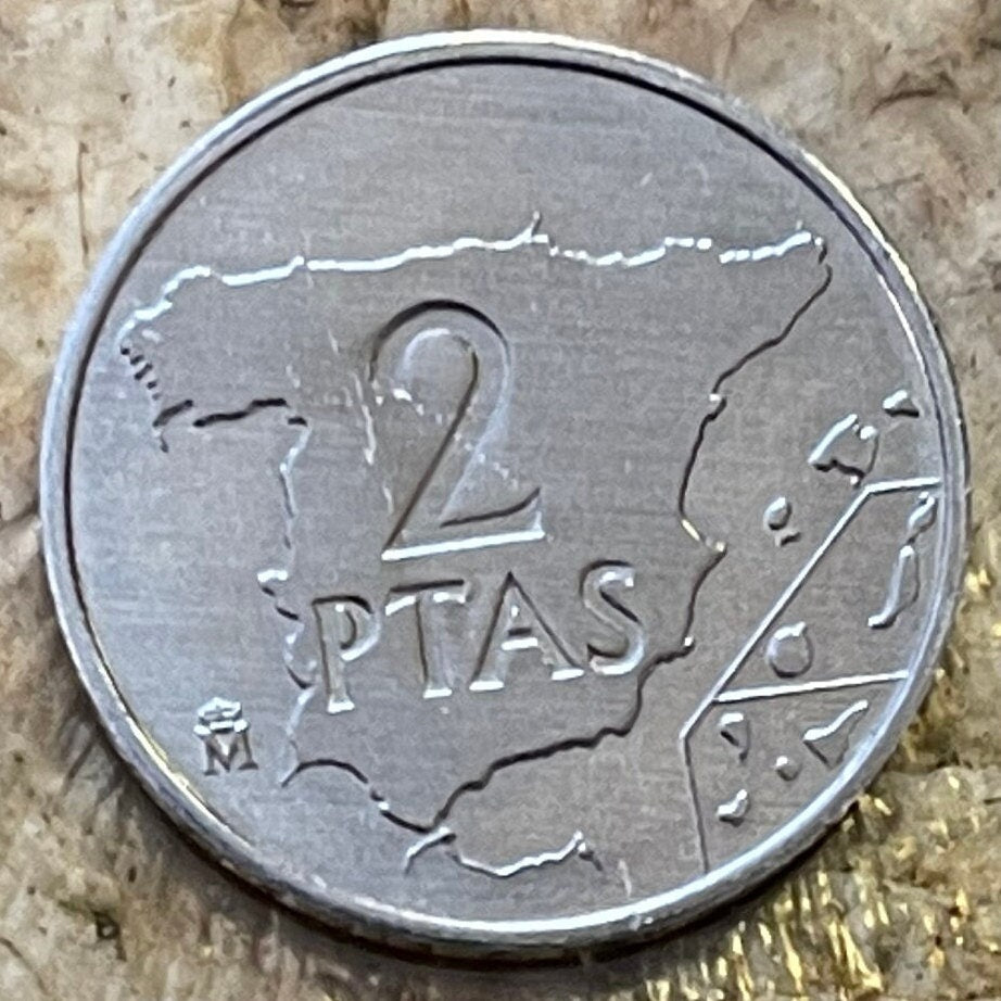 Spain Map & King Juan Carlos 2 Pesetas Authentic Coin Money for Jewelry and Craft Making (Balearic Islands) (Canary Islands)