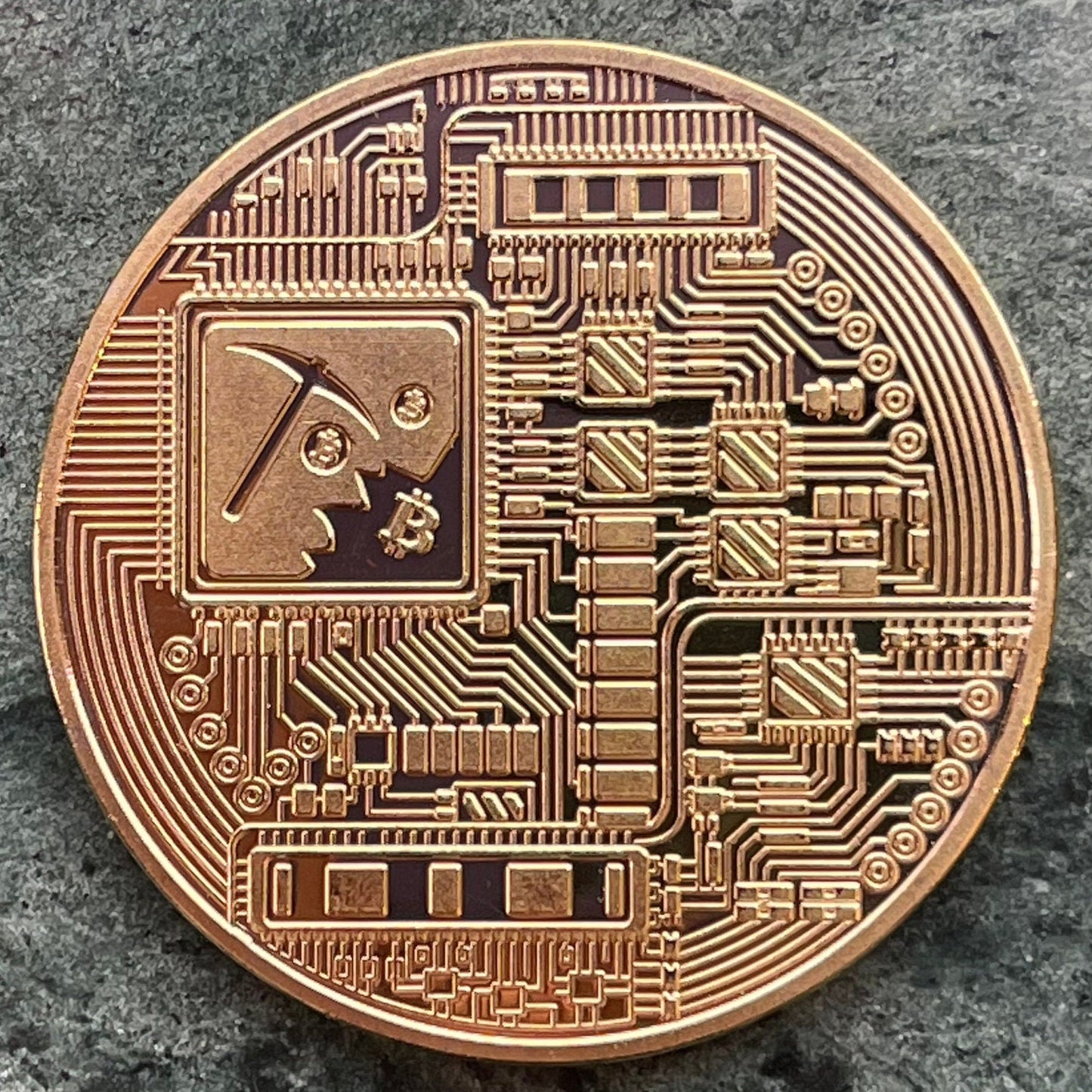 Bitcoin Logo Charm with Miner's Axe & Circuitboard 24-Karat Gold-plated Novelty Medallion (No Monetary Value) (Cryptocurrency) (BTC Mining)