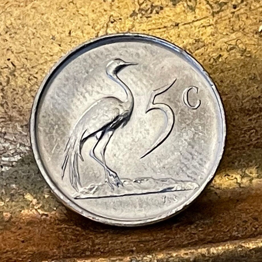 Paradise Crane (Nickel) 5 Cents South Africa Authentic Coin Money for Jewelry and Craft Making (Xhosa Hero) (Blue Crane) Power Through Unity