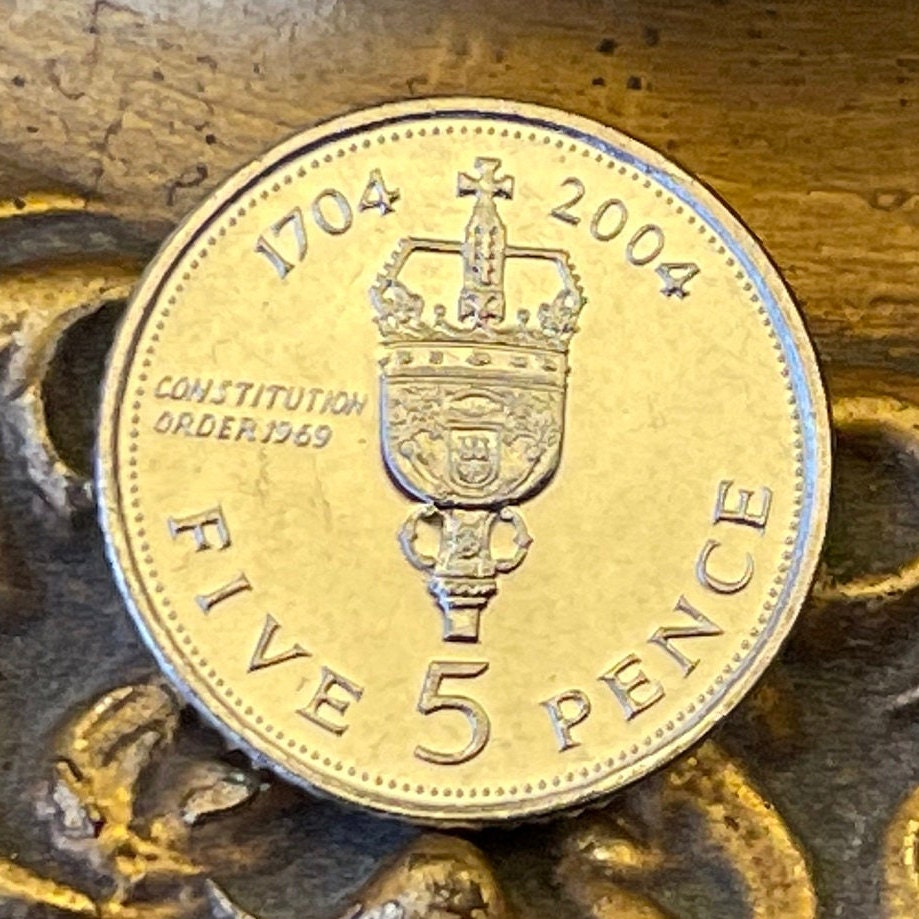 British Royal Sceptre 5 Pence Gibraltar Authentic Coin Money for Jewelry and Craft Making (Constitution Order 1969) (Tercentenary)