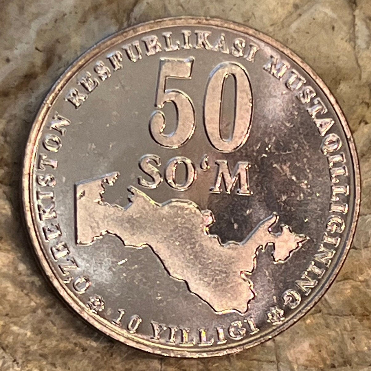 Huma Bird of Paradise & Map 50 So'm Uzbekistan Authentic Coin Money for Jewelry and Collage (2001) (Independence)