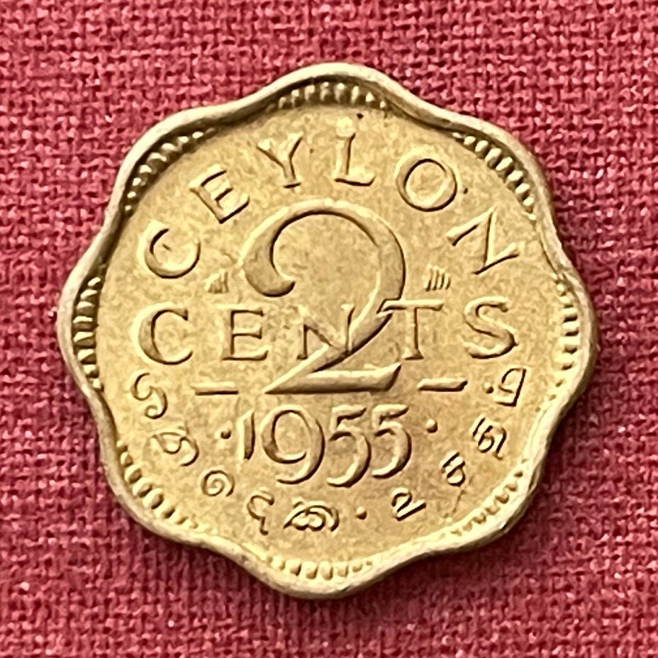 Queen Elizabeth II (Scalloped) 2 Cents Ceylon Authentic Coin Money for Jewelry and Craft Making (Sri Lanka) (First Laureate Bust)