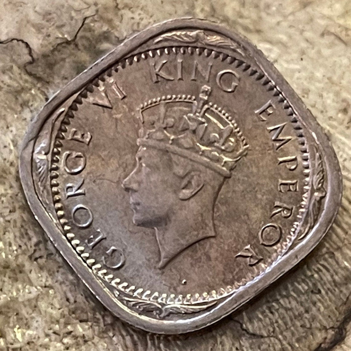 Two Annas & George VI King Emperor British India Authentic Coin Money for Jewelry (British Raj) (Emperor of India) (Quadrilingual) (Square)
