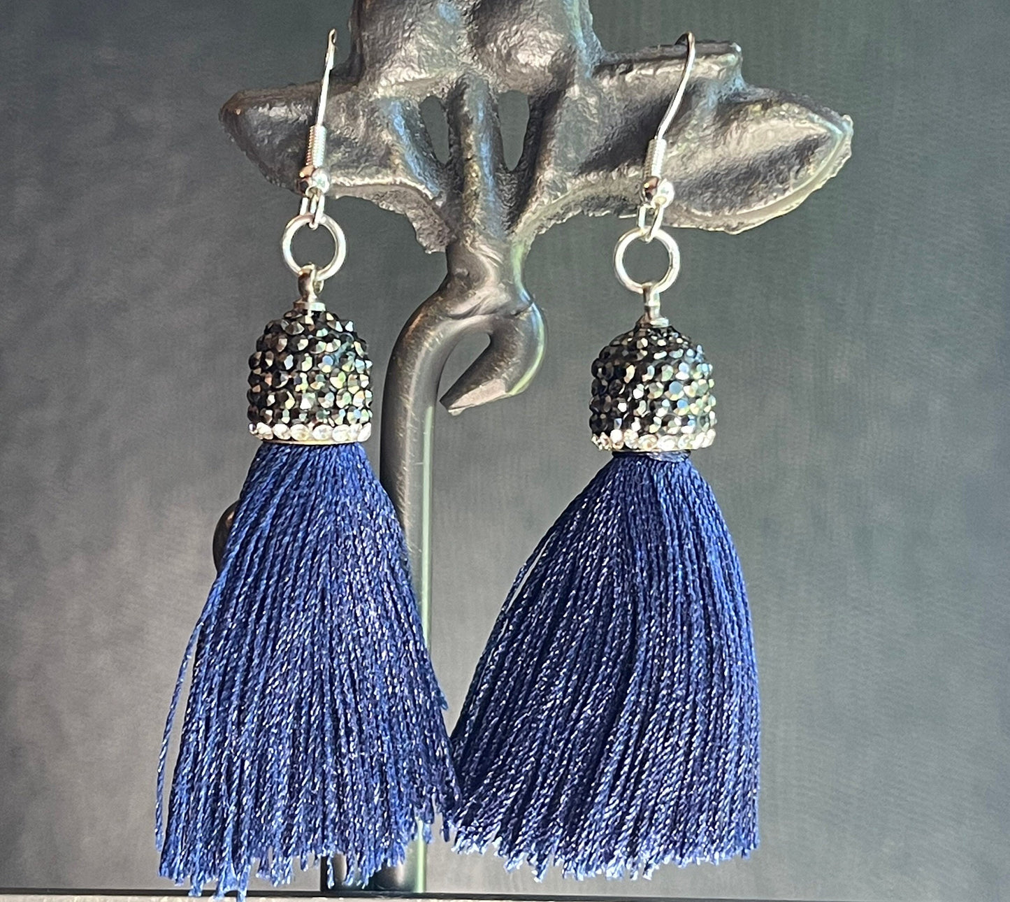Midnight Blue Silk Tassel with Crystal Pavé Cap - Single Tassel or Earrings - rhinestone accent; jewelry, accessory