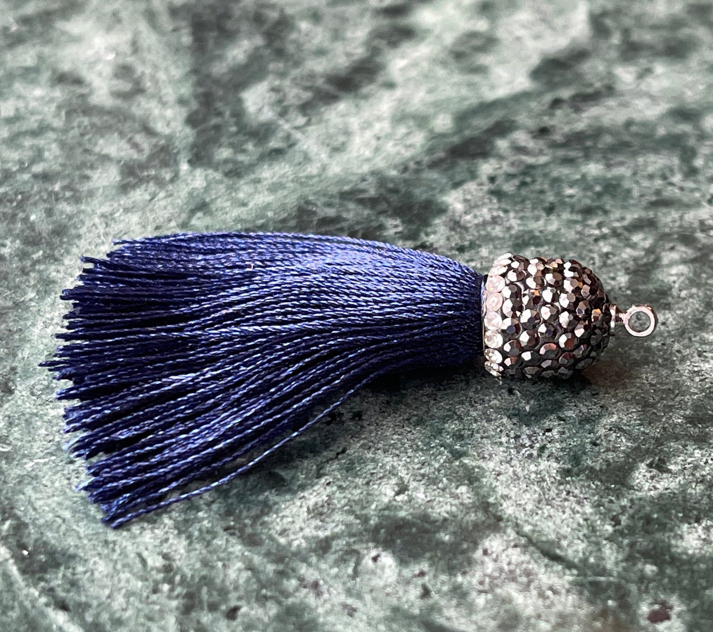 Midnight Blue Silk Tassel with Crystal Pavé Cap - Single Tassel or Earrings - rhinestone accent; jewelry, accessory