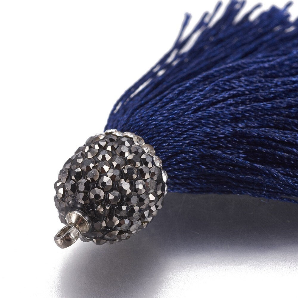 Midnight Blue Silk Tassel with Crystal Pavé Cap - Single Tassel or Earrings - rhinestone accent; jewelry, accessory