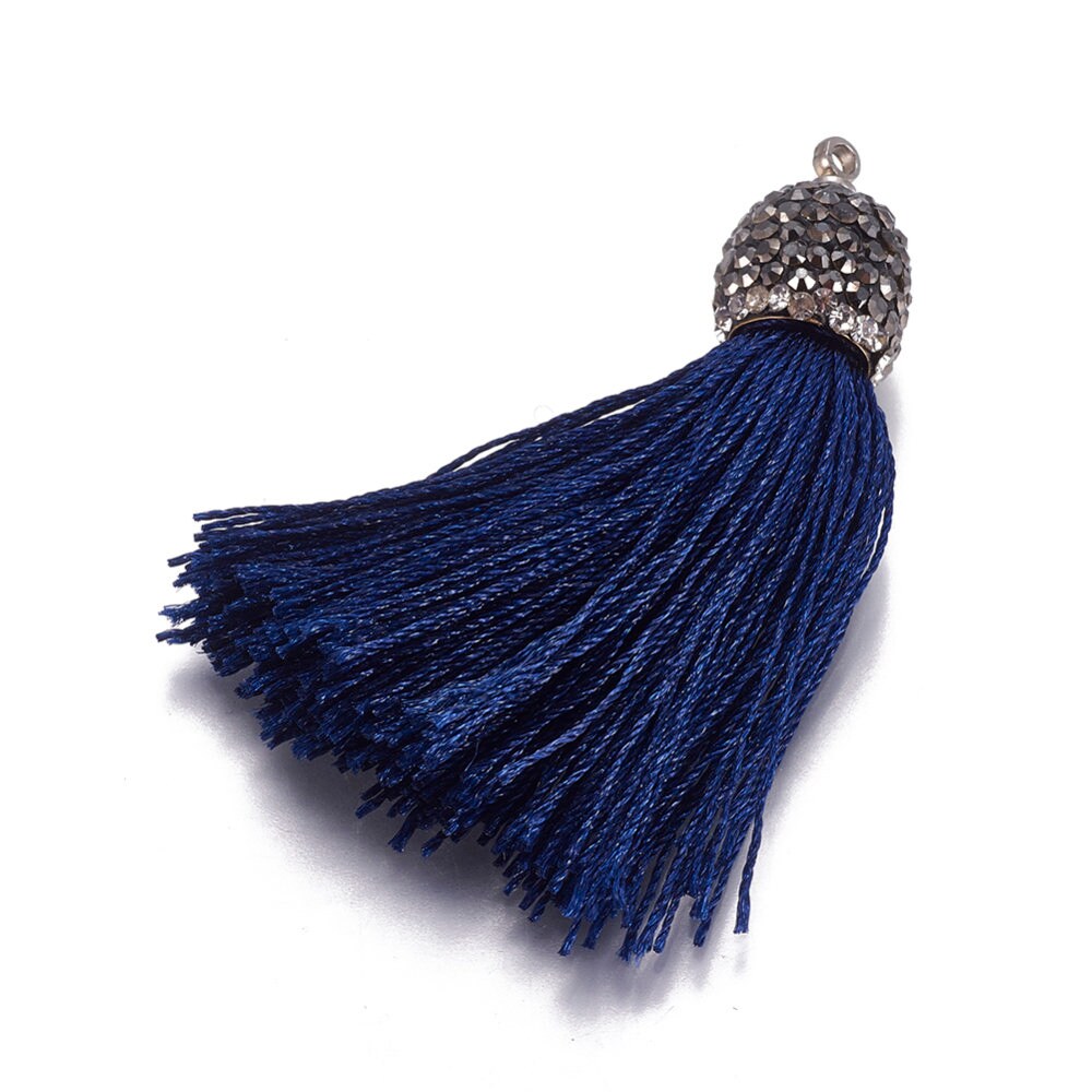 Midnight Blue Silk Tassel with Crystal Pavé Cap - Single Tassel or Earrings - rhinestone accent; jewelry, accessory