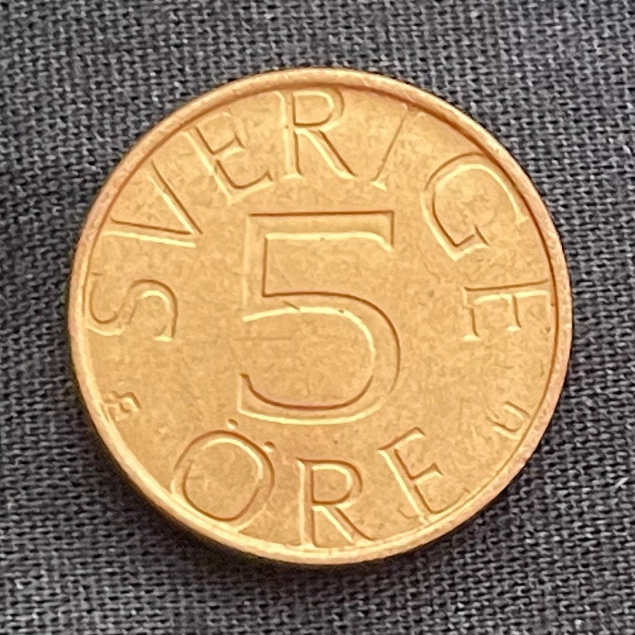 King Carl XVI Gustaf Crown 5 Öre Sweden Authentic Coin Money for Jewelry and Craft Making (Incised) (Number 5)