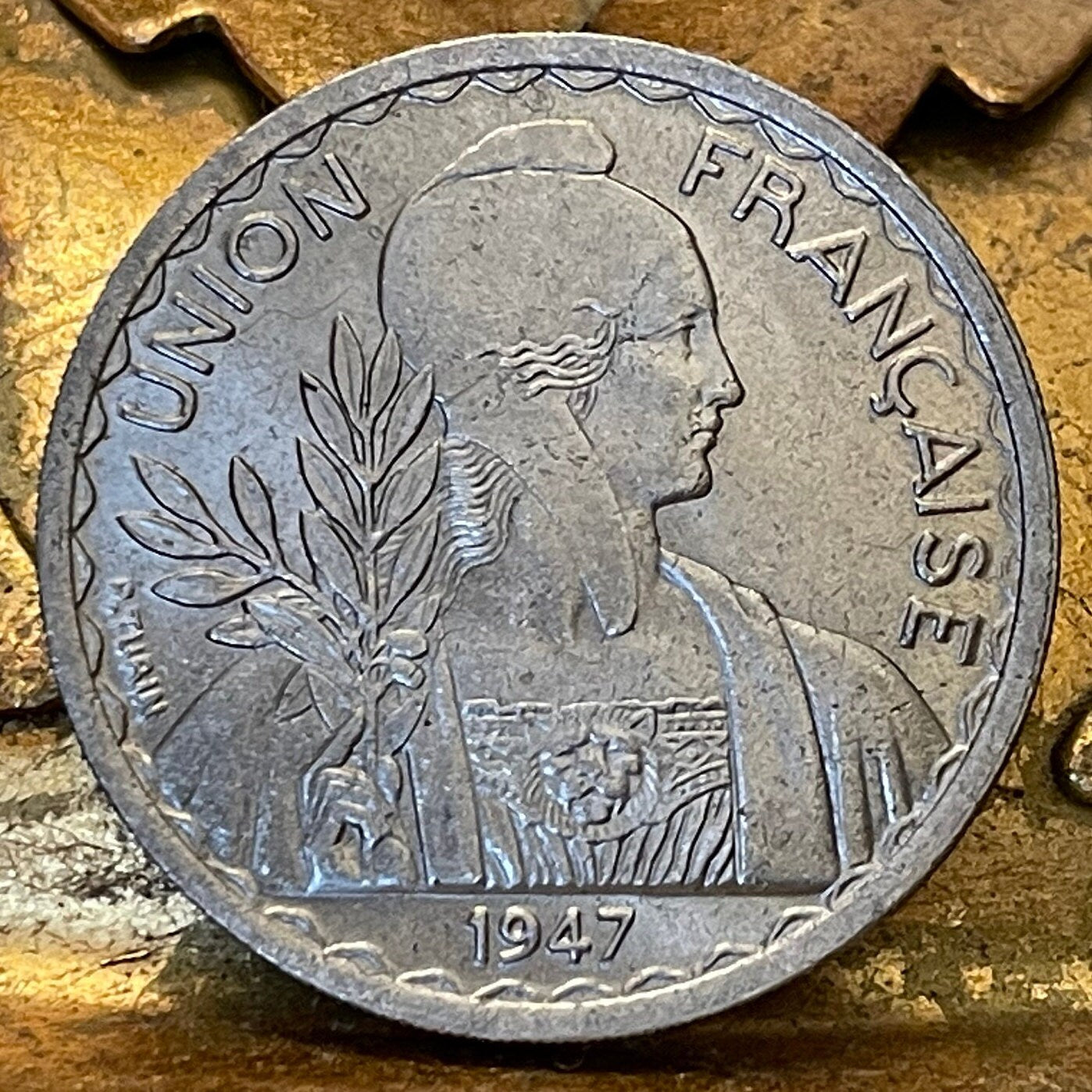 Marianne with Lion's Head Bodice & Rice Stalks French Indochina 1 Piastre Authentic Coin Money for Jewelry (Phrygian Cap) (France) (Vietnam)
