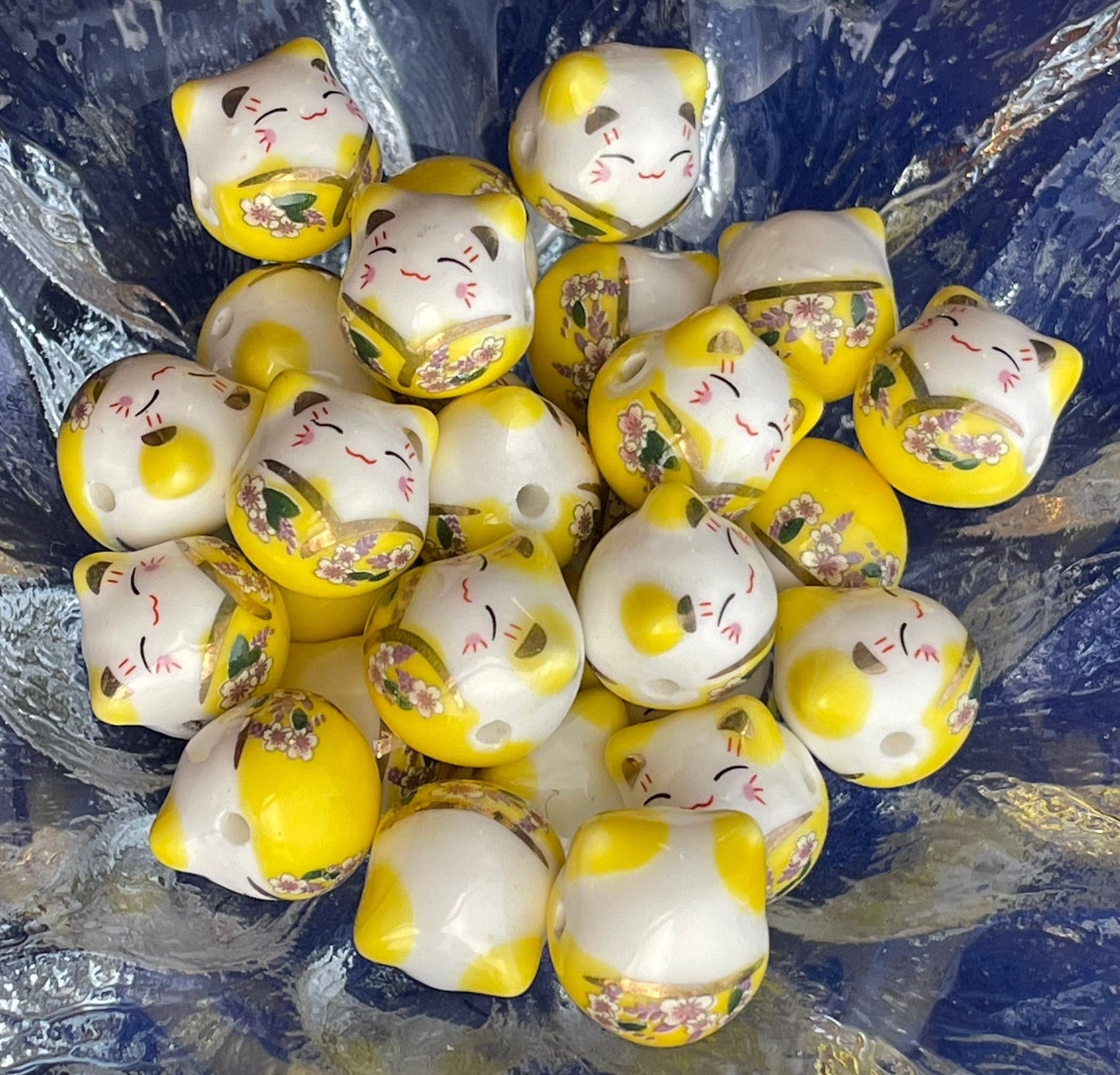 Cat With Flower Printed Porcelain Beads - handmade-single color lot of 4 or multicolor set of 7-blue, green, teal, orange, purple, yellow