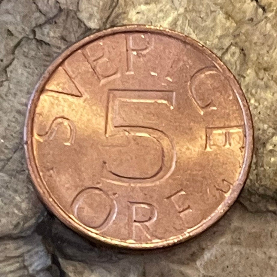 King Carl XVI Gustaf Crown 5 Öre Sweden Authentic Coin Money for Jewelry and Craft Making (Incised) (Number 5)