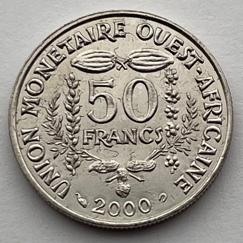 Cocoa Beans, Peanuts & Akan Sawfish Goldweight 50 CFA Francs West African States Authentic Coin Money for Jewelry (Cacao) (Ashanti)
