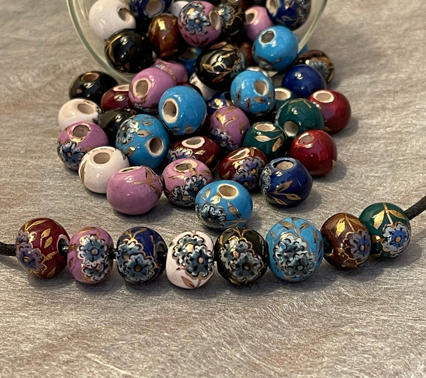 Peony Print Beads, Greek Porcelain - single color set; multicolor set - eight colors: black, blue, brown, green, mauve, red, white
