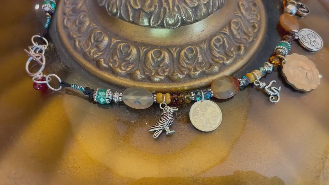 LION Leo necklace–enamel letters, silver toggle–St. Mamas riding lion, Ethiopian lion coins–animal charms–picture jasper–crystal (astrology)