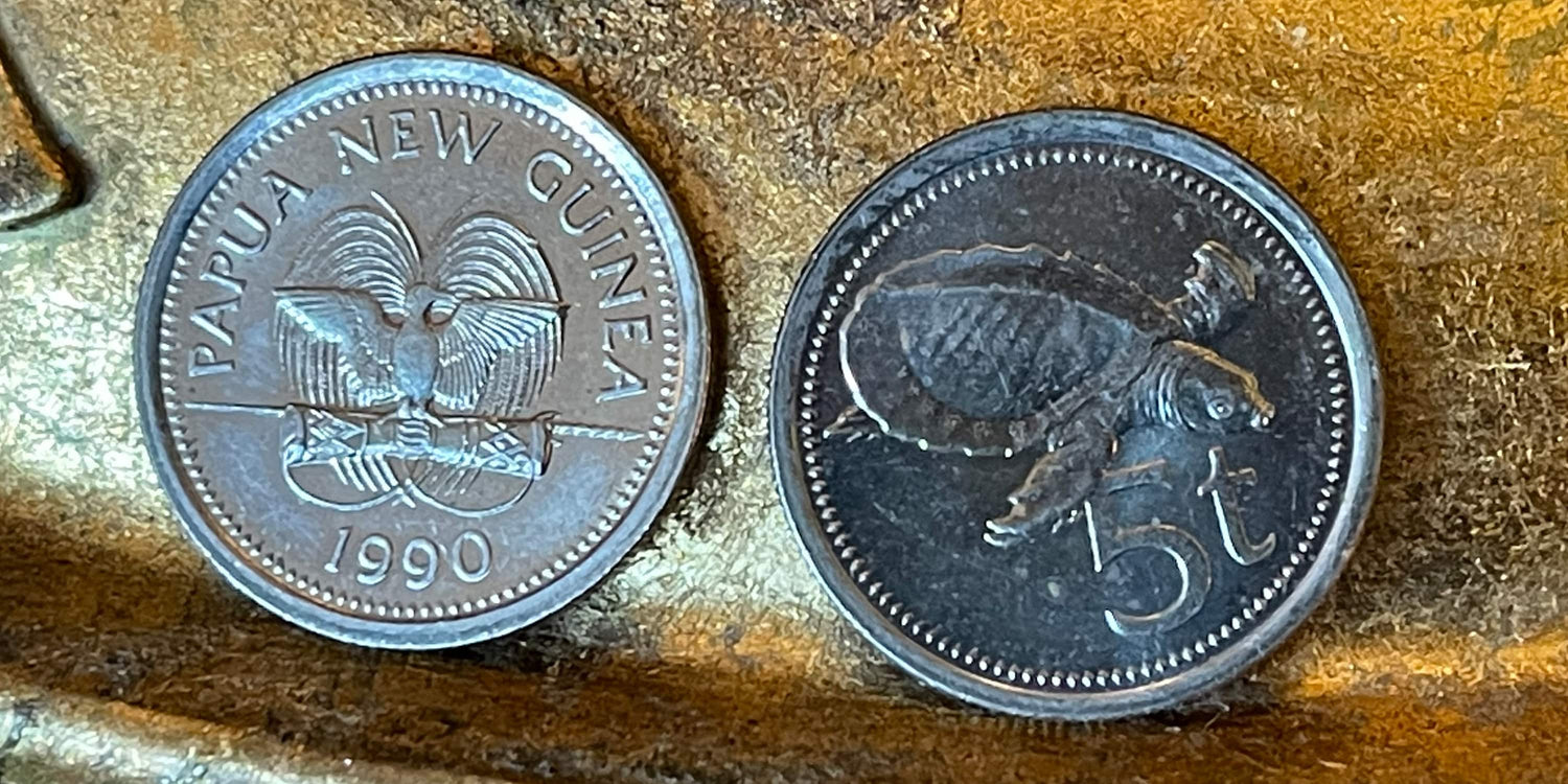 Pig-Nosed Turtle & Paradise Bird Papua New Guinea Authentic Coin Money Toea for Jewelry and Craft Making