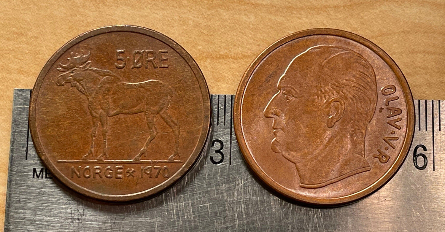 Eurasian Elk & Norway King Olav Authentic Coin Money 5 Øre for Jewelry and Craft Making