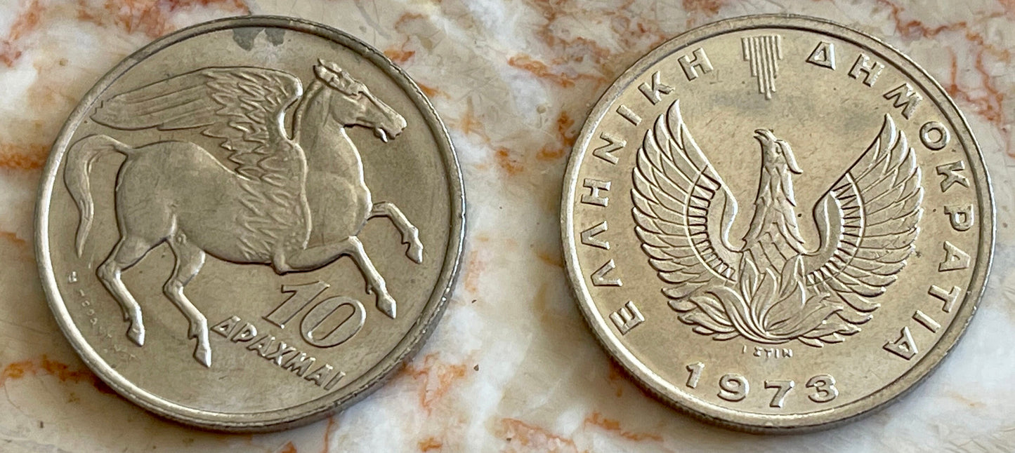 Pegasus & Phoenix 10 Drachmai Greece Coin Money Authentic for Jewelry and Craft Making