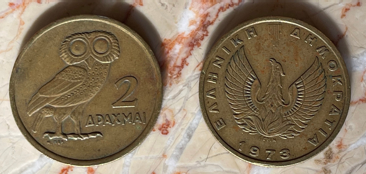 Owl of Athena & Phoenix Greek Authentic Coin Money 2 Drachmai for Jewelry and Craft Making
