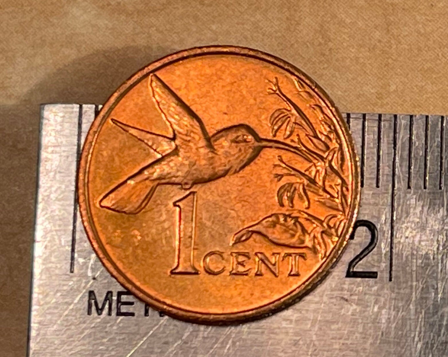 Hummingbird in flight Trinidad Tobago  One Cent Authentic copper Coin - Money for Jewelry and Craft Making - drilled coin - Coin charm