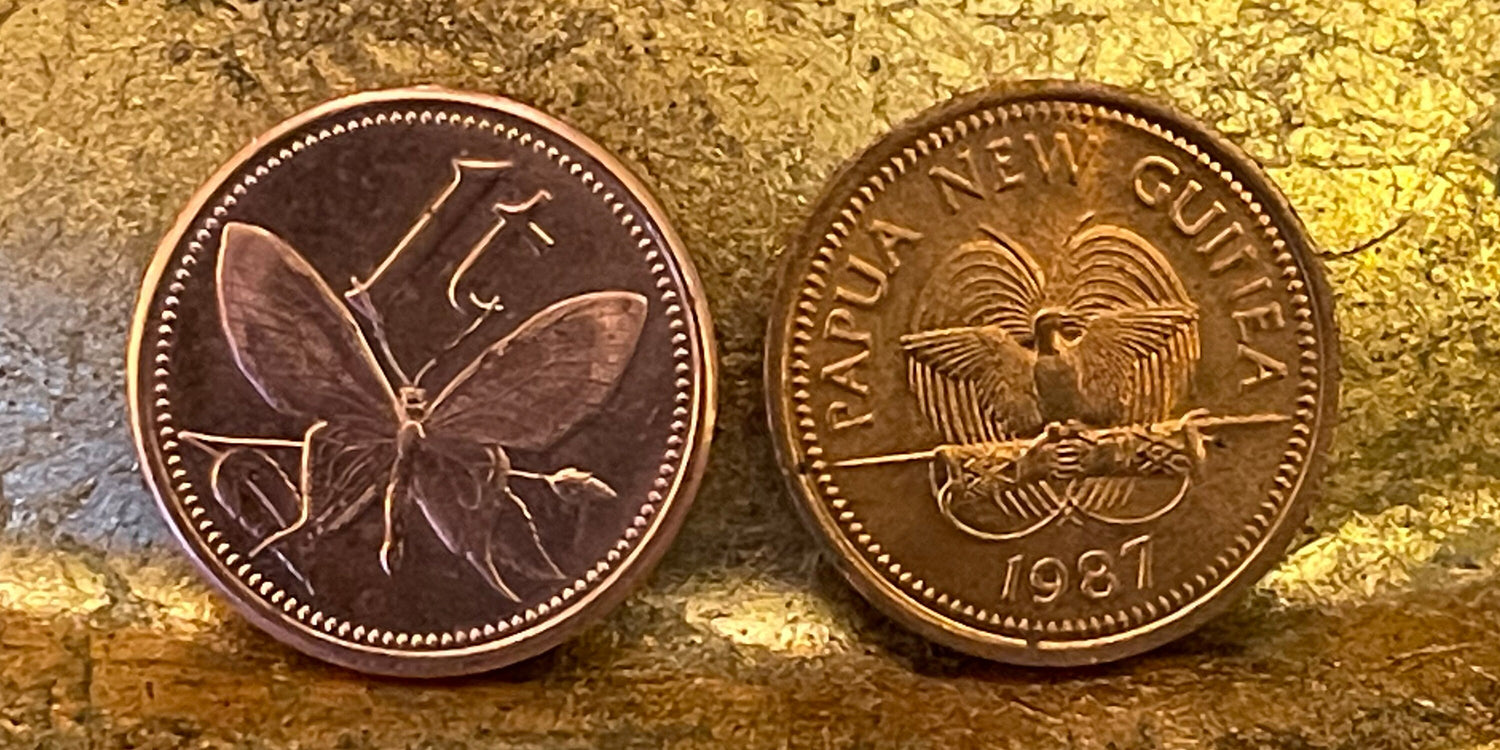 World's Biggest Butterfly - Birdwing - & Bird of Paradise - Papua New Guinea Authentic Coin - 1 Toea - Money for Jewelry and Craft Making