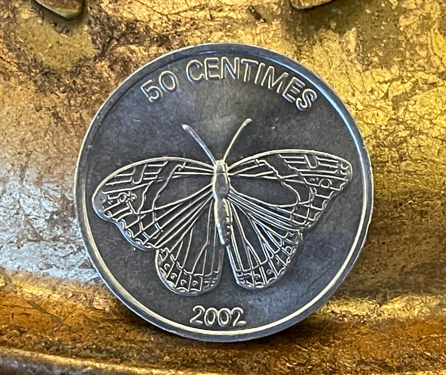 Butterfly & Lion 50 Centimes Democratic Republic of Congo Authentic Coin Money for Jewelry and Craft Making