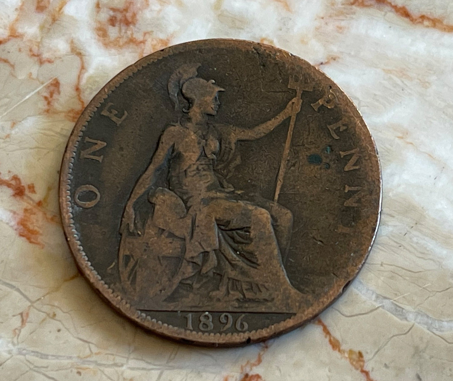 Queen Victoria (3rd Portrait) & Britannia Great Britain 1 Penny Authentic Coin Money Cent for Jewelry -- Condition is Only FAIR