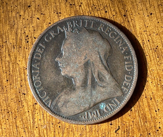Queen Victoria (3rd Portrait) & Britannia Great Britain 1 Penny Authentic Coin Money Cent for Jewelry -- Condition is Only FAIR
