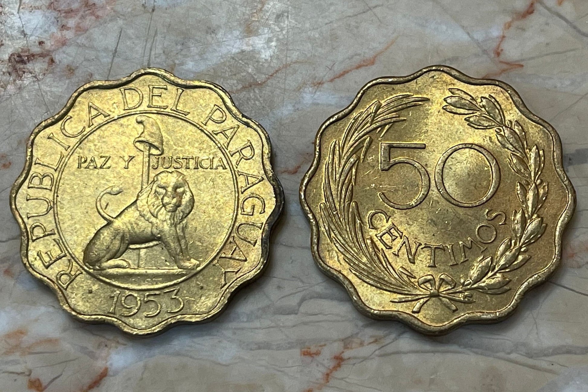 Lion Paraguay 50 Centimos Authentic 1953 Coin Money for Jewelry and Craft Making